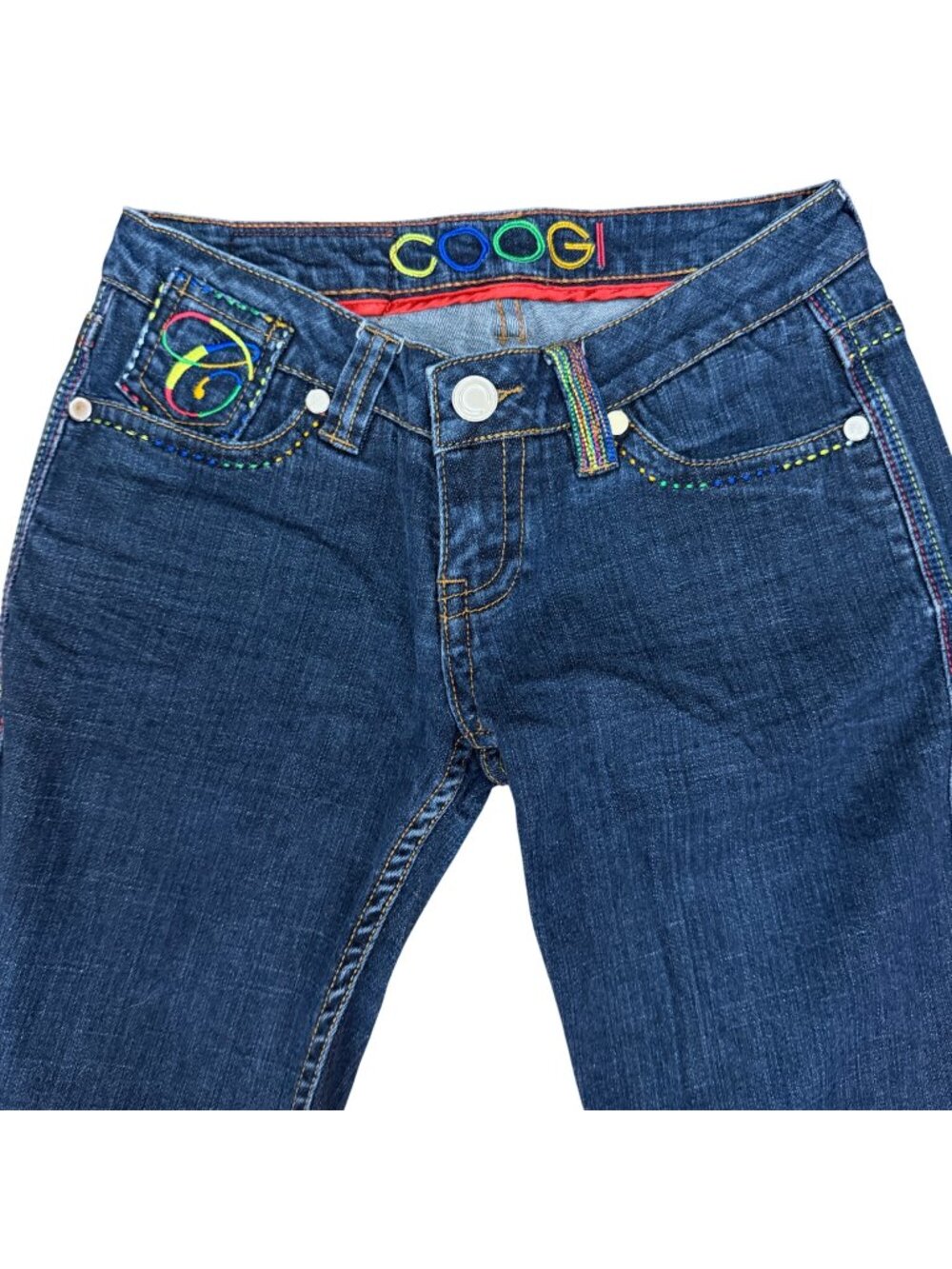 VTG Coogi Womens Bootcut Jeans Dark Wash Denim Rainbow Embroidery Size 7 EUC